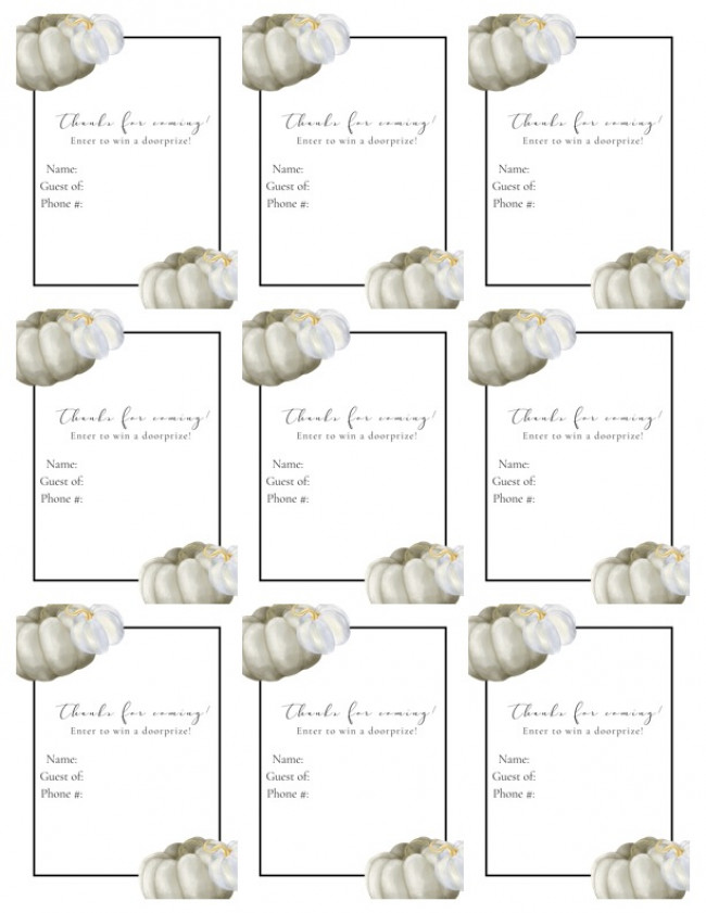 Have each lady fill out one of these cards as they come in. You can draw names for doorprizes later on in the evening.