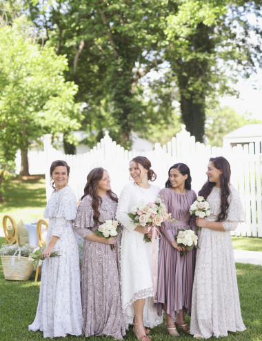 modest bridal party dresses Boat Neck Wedding Dress With Chiffon Sleeves | Gabriella Floor Length Fully lined bodice and skirt Finding the Perfect Modest Purple